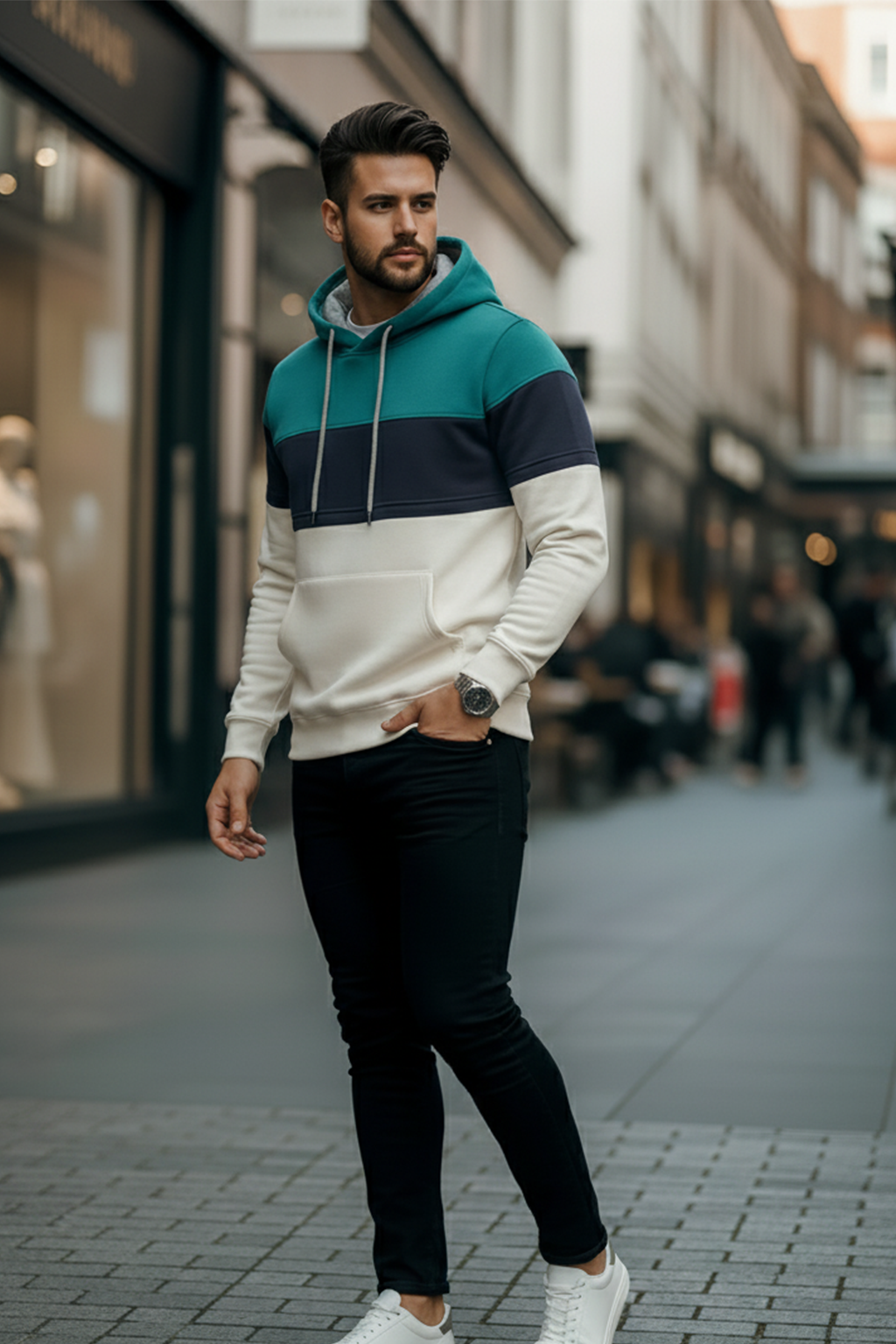Hoodie | Oskar – Blågrön/Marinblå/Vit