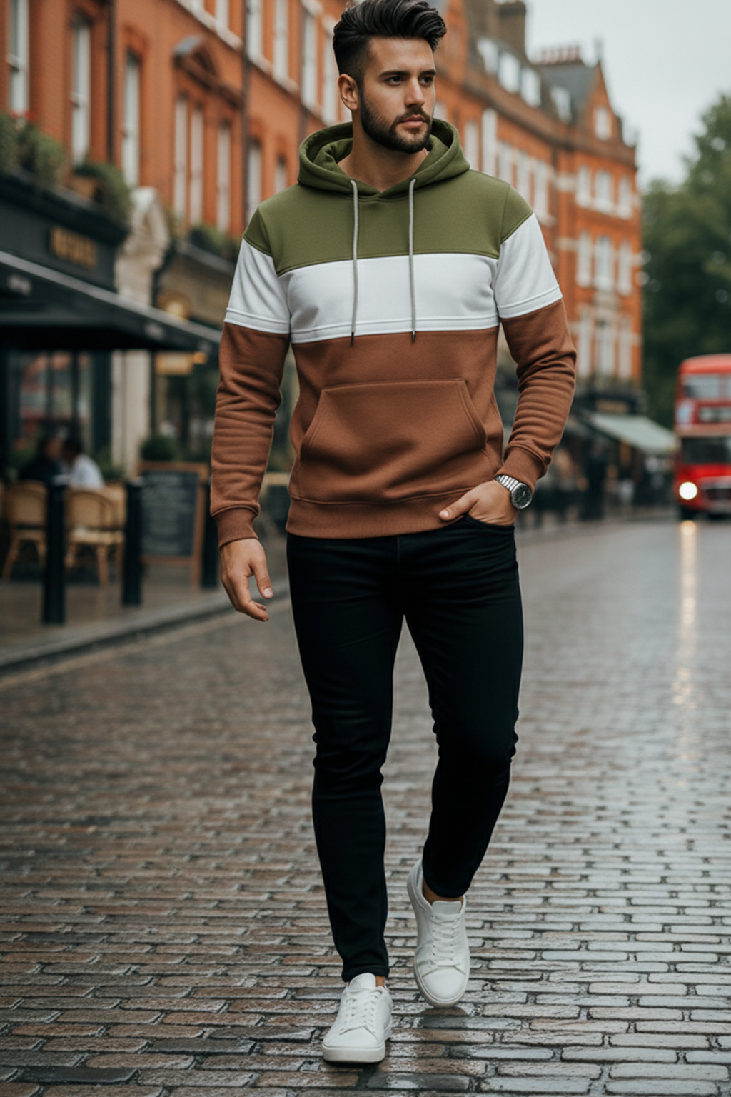 Hoodie | Nils – Sagegrön/Vit/Rödbrun