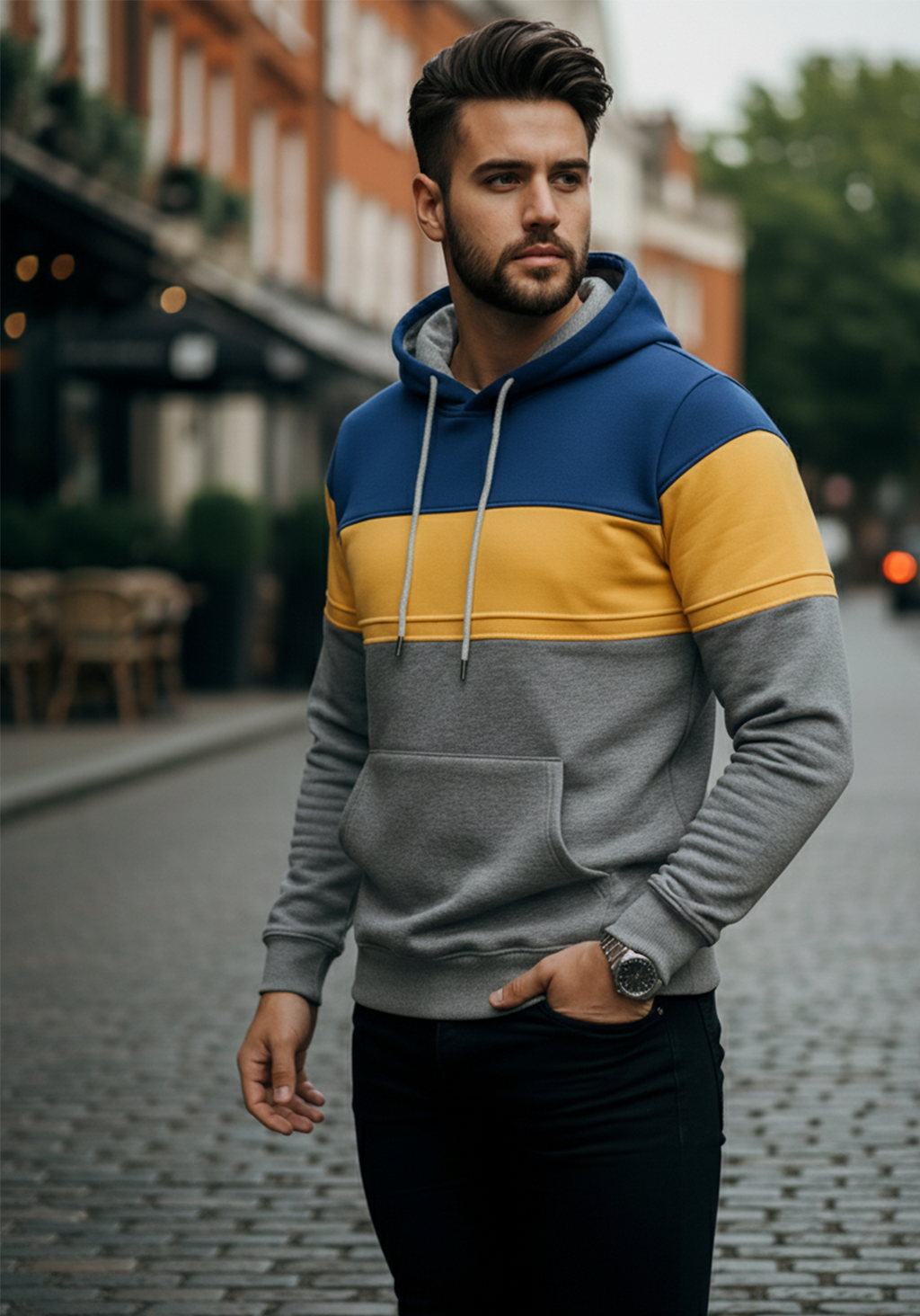 Hoodie | Anders – Blå/Gul/Ljusgrå