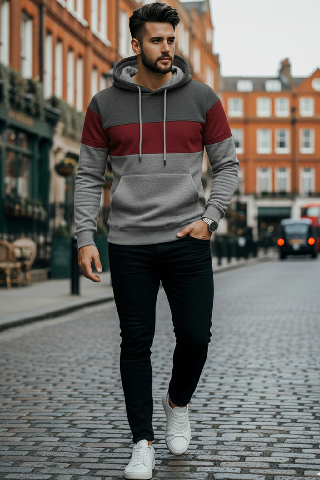 Hoodie | Lars – Mörkgrå/Maroon/Ljusgrå