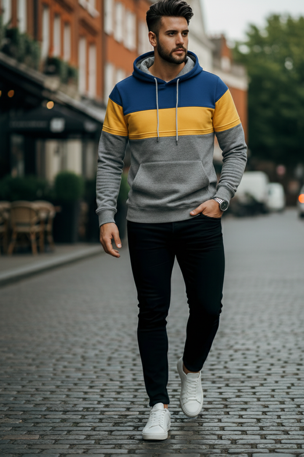 Hoodie | Anders – Blå/Gul/Ljusgrå