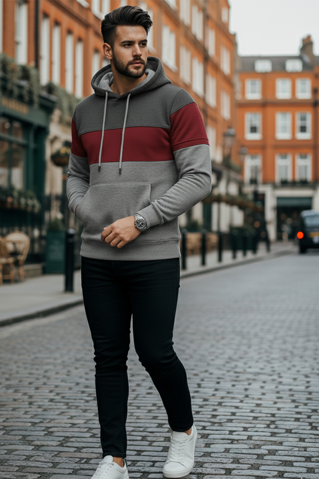 Hoodie | Lars – Mörkgrå/Maroon/Ljusgrå