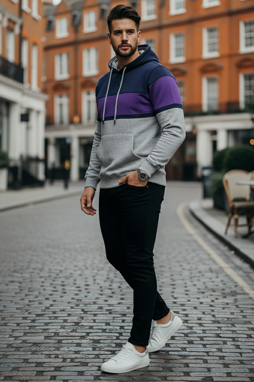 Hoodie | Henrik – Marinblå/Violett/Ljusgrå