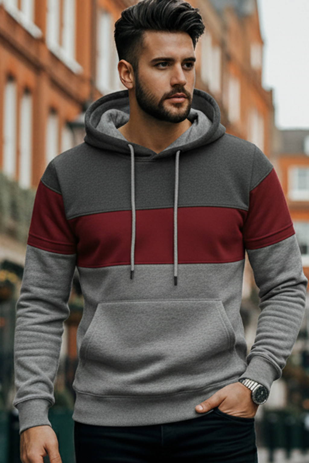 Hoodie | Lars – Mörkgrå/Maroon/Ljusgrå